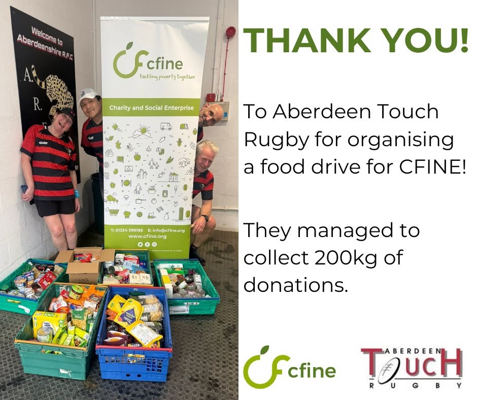 Thank-you graphic from CFINE to Aberdeen Touch Rugby: four players smiling beside a CFINE banner and crates of donated food, with the text that they collected 200kg of donations